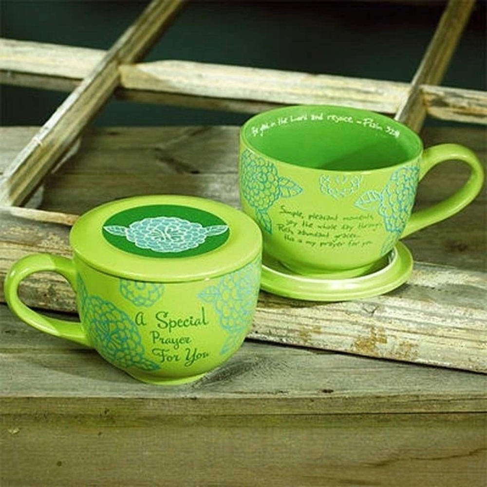 Green And Yellow 'Prayer Soup Mug' Decorative Mug with Lid/Coaster